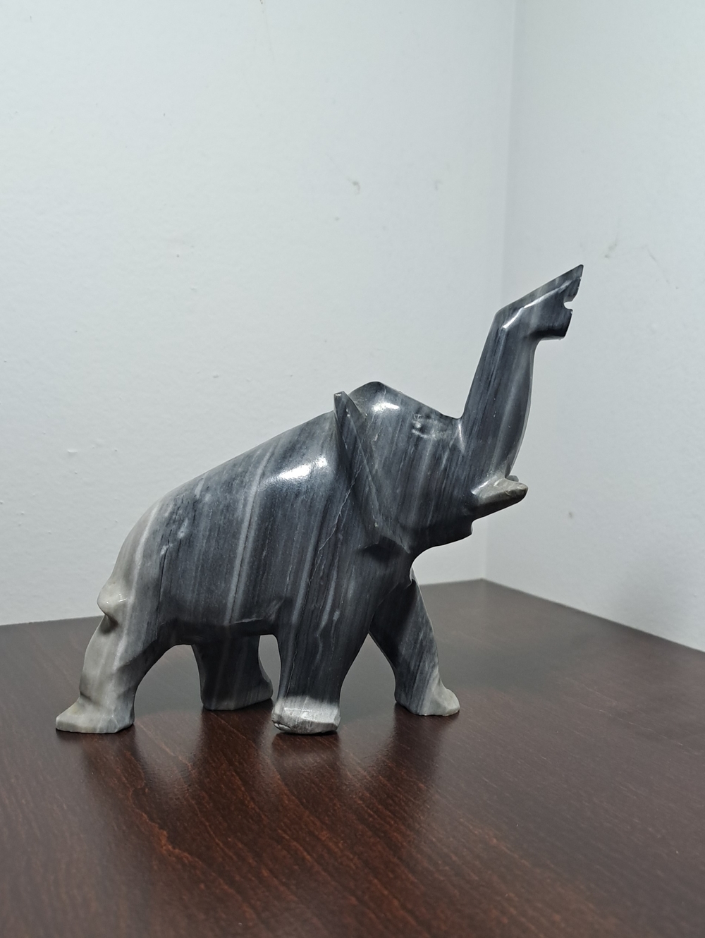 Hand-Carved Gray Zebra Marble Elephant Sculpture - Decorative Home Art